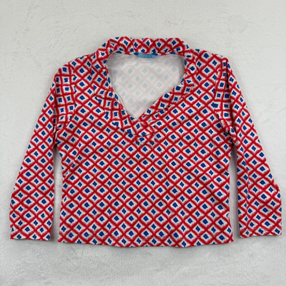 J.McLaughlin Catalina knit Small Blouse‎ Top Red Blue Diamond Print Long Sleeve